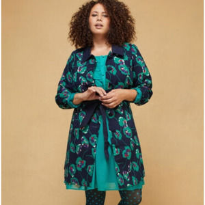 MODCLOTH Delightful Direction Navy Blue Floral Green Coat